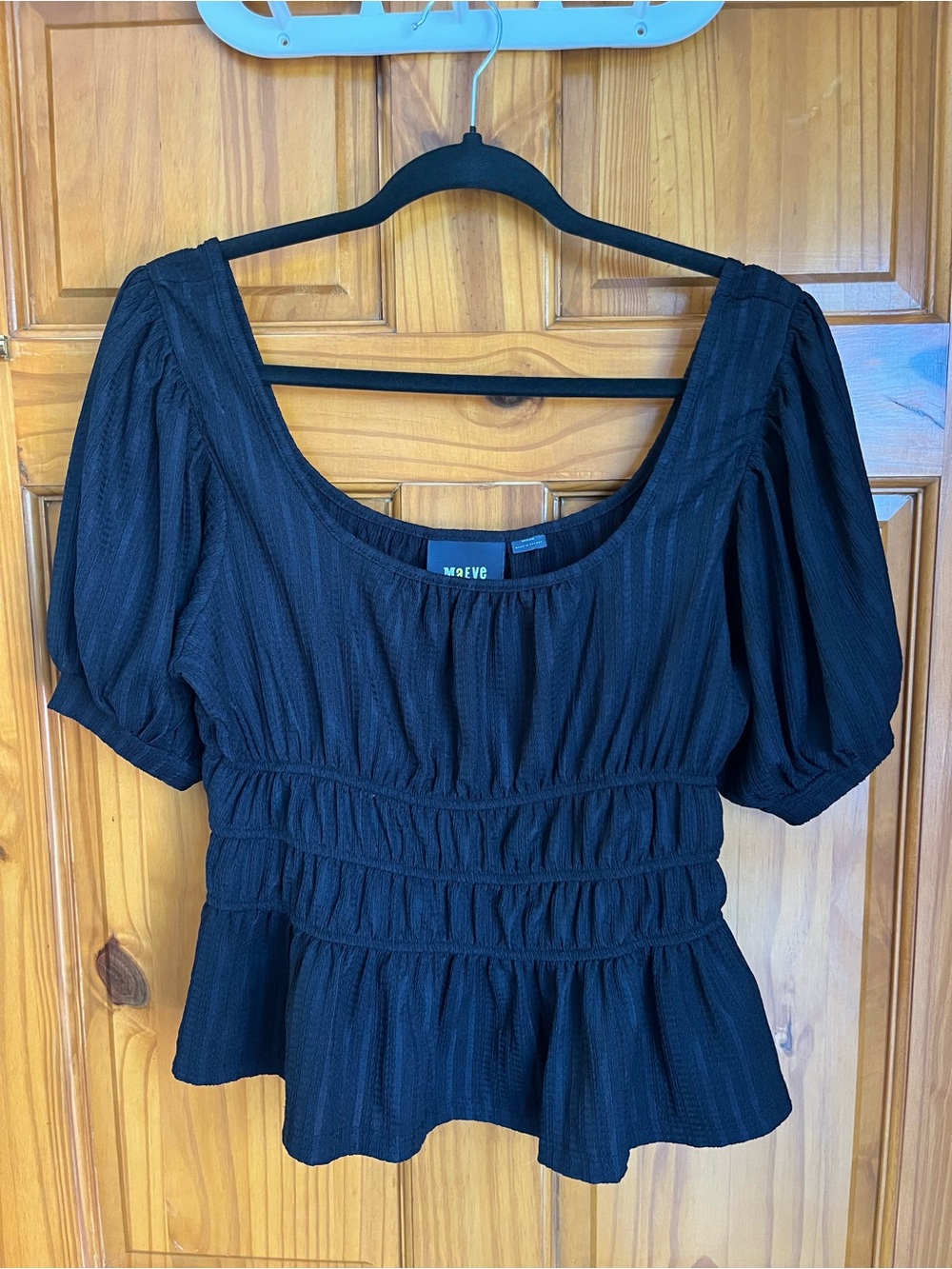 Maeve Anthropologie Black Smocked Peplum Blouse with Puff Sleeves - Picture 1 of 6
